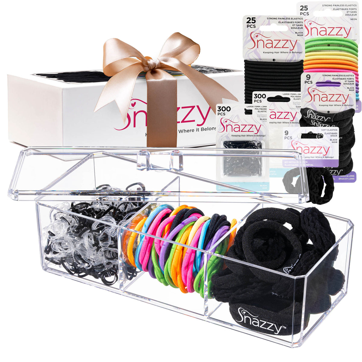 Snazzy - Deluxe Hair Accessories for Women Gift Set - 670 Total Hair Accessories for Girls, Teens & Adults - Mini Scrunchies, Women's Hair Elastics & Ponytail Holders in Storage Container Kit