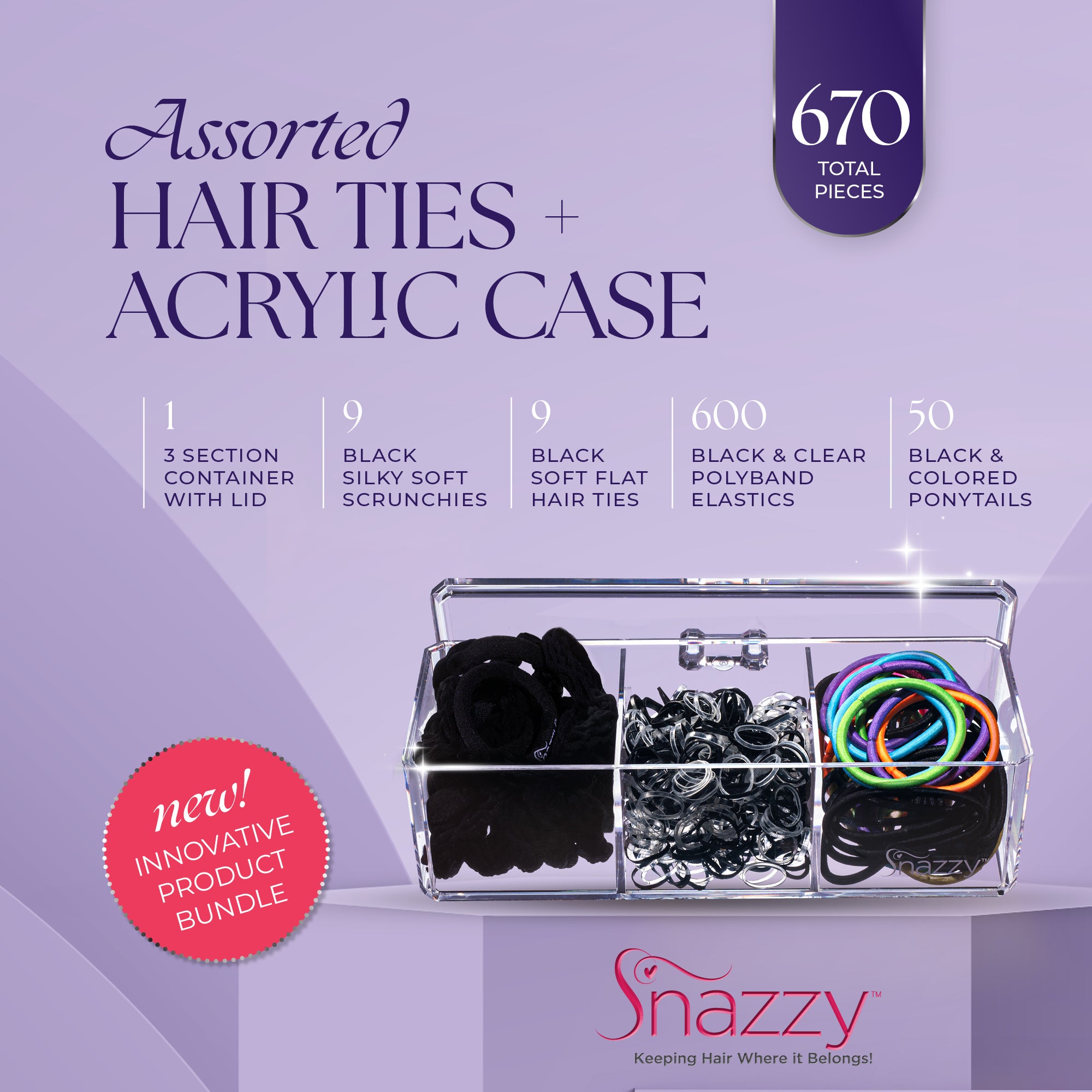 Snazzy - Deluxe Hair Accessories for Women Gift Set - 670 Total Hair Accessories for Girls, Teens & Adults - Mini Scrunchies, Women's Hair Elastics & Ponytail Holders in Storage Container Kit